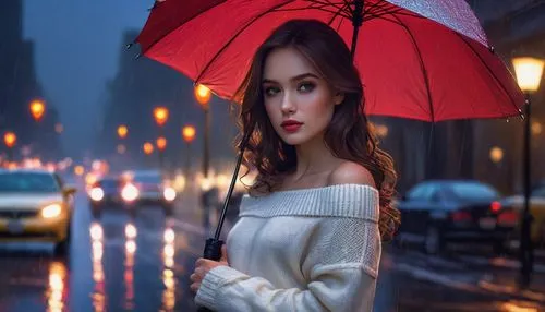 Miss November Rain, solo, beautiful detailed eyes, long wavy brown hair, subtle smoky makeup, white off-the-shoulder sweater, dark blue jeans, black boots, holding a red umbrella, standing, city stree