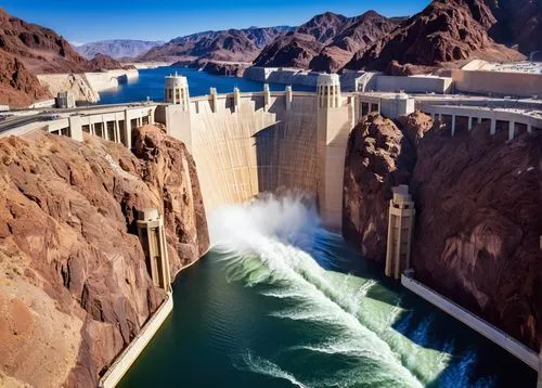 Hoover Dam, grand, majestic, Art Deco style, massive concrete structure, towering intake towers, curved spillway, arched bridge, Colorado River, Lake Mead, Arizona-Nevada border, sunny day, blue sky, 