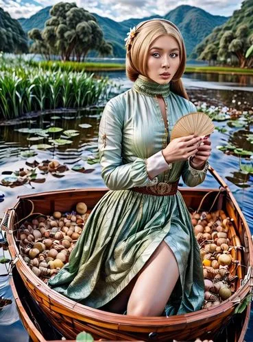 the blonde in the river,amazonica,girl on the river,coracle,fantasy picture,khaleda,tymoshenko,water lotus,girl with bread-and-butter,girl on the boat,yasumasa,nelumbo,krathong,frigga,golden lotus flowers,world digital painting,margairaz,fisherwoman,water rose,woman holding pie