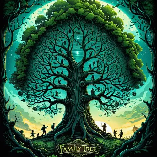 генеалогическое древо,a green poster with a tree surrounded by people,celtic tree,tree of life,magic tree,bodhi tree,tuatha,the roots of trees,flourishing tree,the branches of the tree,treetop,treepeo