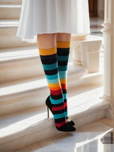 Colorful socks, striped pattern, thin fabric, elastic waistband, ankle length, worn with black heels, standing on a white marble floor, grand staircase, luxurious villa, sunny afternoon, warm lighting