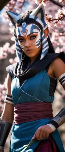 Ahsoka Tano, solo, (16yo), beautiful detailed eyes, light blush, long black hair, ponytail, blue makeup, ninja outfit, white underbelly, blue vest, arm guards, forehead protector, standing, ninja pose