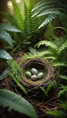 Birds' nest, fern, lush greenery, intricate twigs, delicate feathers, soft moss, gentle curves, morning dew, warm sunlight filtering through leaves, cozy atmosphere, 3/4 composition, close-up shot of 