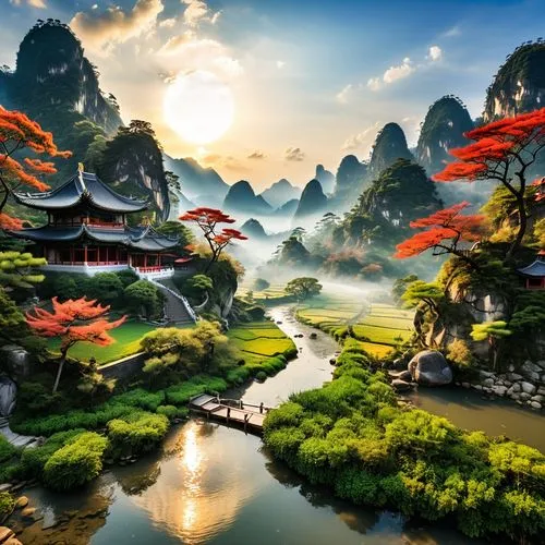 fantasy landscape,landscape background,yangshao,vietnam,rice terrace,world digital painting