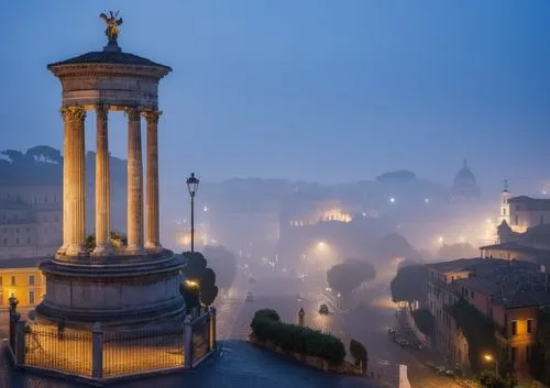 Rome city street scene,a city street covered in fog at dusk,rome at night,noto,rome night,rome,eternal city,caltagirone,Photography,General,Realistic