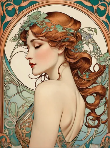 mucha,art nouveau,art nouveau design,alfons mucha,art nouveau frames,art nouveau frame,emile vernon,art deco woman,laurel wreath,dryad,faery,rusalka,aphrodite,art deco frame,faun,faerie,girl in a wreath,flora,water nymph,fairy queen,Illustration,Retro,Retro 08