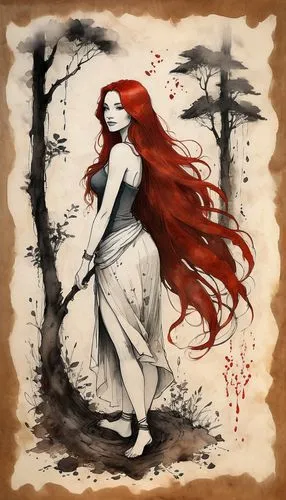 rusalka,red-haired,fae,dryad,the enchantress,ariel,red riding hood,celtic queen,vampire woman,girl in a long dress,poison ivy,red head,the snow queen,fairy tale character,vampire lady,queen of hearts,digital illustration,faery,faerie,red juniper,Illustration,Black and White,Black and White 08