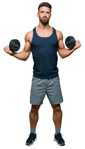 Muscular man, gym scene, standing pose, flexing arms, sweat dripping, intense facial expression, short hair, sporty beard, sleeveless shirt, athletic shorts, sneakers, weightlifting belt, iron dumbbel