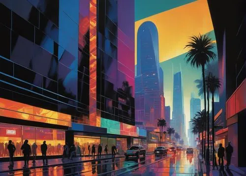 cityscape,colorful city,los angeles,cybercity,bladerunner,futurist,cityscapes,city scape,travel poster,wilshire,transamerican,futuristic landscape,megacities,metropolis,evening city,losangeles,santa monica,coruscant,san francisco,la,Conceptual Art,Oil color,Oil Color 04