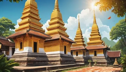 Laos architecture, Buddhist temple, intricate carvings, golden stupas, tiered roofs, ornate facades, vibrant colors, Wat Xieng Thong, Luang Prabang, sunny day, clear blue sky, lush greenery, tropical 