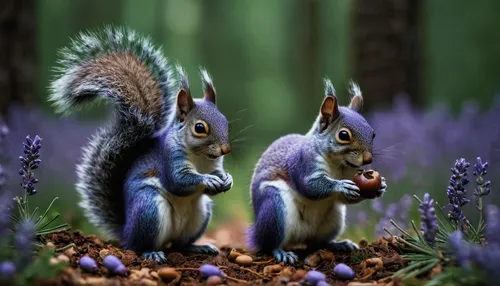 A medium slate blue squirrel collecting acorns in a forest filled with lavender flowers.,squirrels,chinese tree chipmunks,red squirrel,whimsical animals,grey squirrel,woodland animals,eurasian red squ