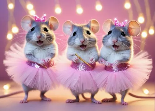 Rats, multiple, wearing pink tutus, ballet shoes, sparkly eyes, fluffy fur, whiskers, standing on hind legs, paws together, holding tiny wands, fairy lights, glittery background, soft focus, warm ligh