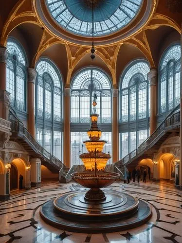 Grand, majestic design museum, Russian architecture, onion domes, intricate stone carvings, ornate iron doors, grand staircase, marble floors, high ceilings, chandeliers, exhibits on pedestals, intera