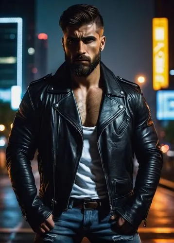 Ultior, muscular man, 30s, beard, short hair, intense gaze, scar above eyebrow, black leather jacket, white shirt, dark jeans, heavy boots, confident stance, standing, city street, nighttime, skyscrap