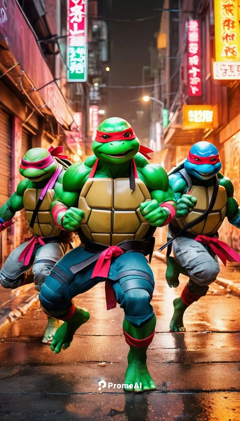 Four hot ninja turtles, muscular, strong jaws, green skin, red headbands, ninja masks, cool sunglasses, ripped sleeves, black belts, torn pants, street fighting poses, city alleyway, neon lights, rain