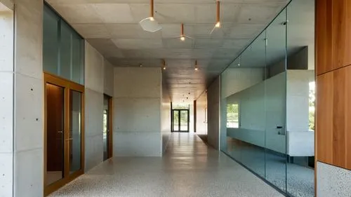 lobby, entrance, minimalist, concrete and terrazzo,an empty hallway with light wood and glass doors,hallway space,associati,concrete ceiling,hallway,siza,foyer,corridor,seidler,exposed concrete,adjaye