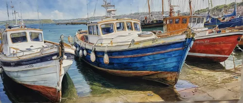 Boats at rest, Hastings, a watercolour painting by John Haywood,fishing boats,boats in the port,wooden boats,boat yard,boats,small boats on sea,brixham,harbour,fishing trawler,boatyard,boat harbor,har