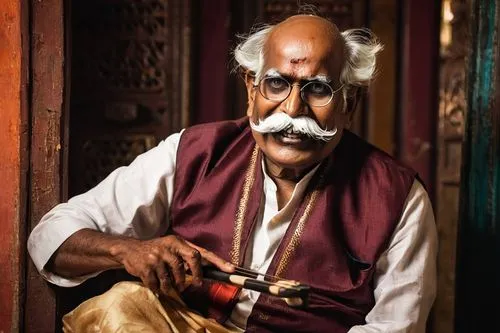 Bharathiyar, Indian classical music composer, sitting, traditional Tamil attire, veshti, angavastra, panchakacham, white beard, glasses, aged face, wrinkles, gentle smile, hands holding a tanpura, Ind