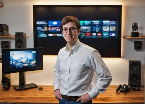 Christopher W. Totten, 2009, game design and architecture, male, mature, bespectacled, short brown hair, casual wear, jeans, white shirt, holding a controller, standing, in front of a large screen dis