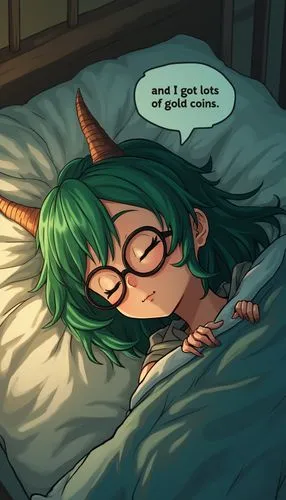 Draw in anime style: An extreme close up of a nerdy, glasses-wearing, horned, green-haired, evil druid girl, tucked into bed laying on her side. Her eyes are closed. She is speaking. A large speech bu