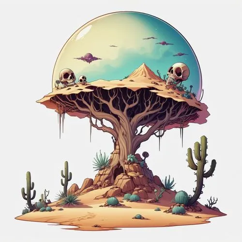 mushroom landscape,mushroom island,tree mushroom,baobabs,baobab,floating island,Illustration,Abstract Fantasy,Abstract Fantasy 11