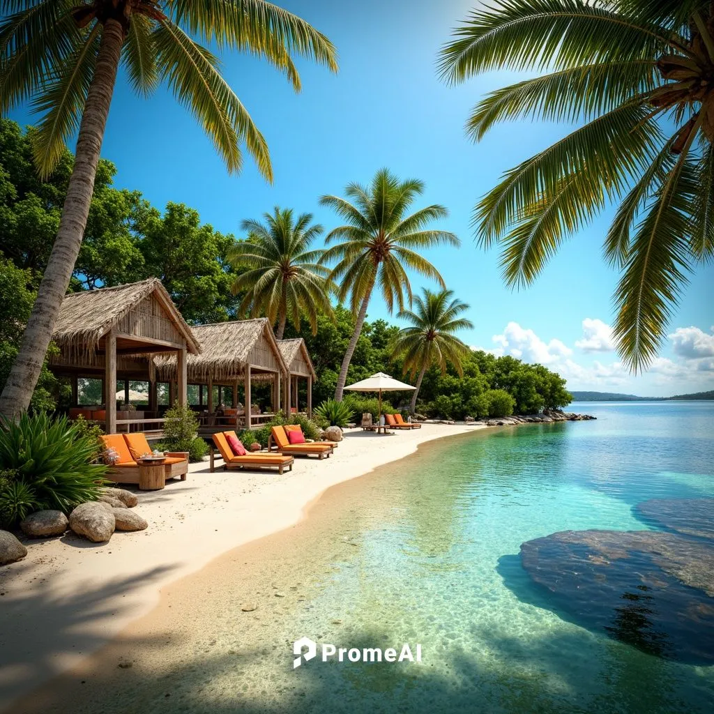 Tropical island setting, lush greenery, palm trees, warm sandy beaches, crystal-clear turquoise waters, vibrant colorful coral reefs, exotic seashells, traditional thatched roof huts, natural wooden s