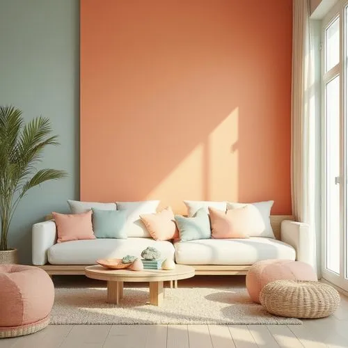 Tangerine accent wall, beach modernism, pastel blue, creamy white, sandy beige, coral pink, minty fresh, natural wood texture, woven rattan furniture, seashell decorations, driftwood sculptures, ocean