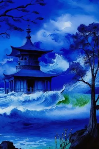 big waves in circle,a large wave crashes into the water and a man watches it,japanese art,hiroshige,jinbei,oriental painting,chiyonofuji,japanese background,Illustration,Paper based,Paper Based 24