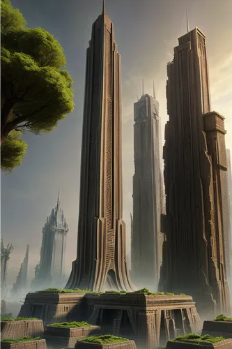 futuristic landscape,ancient city,monolith,futuristic architecture,megaliths,stone towers,pillars,skyscraper town,urban towers,towers,stonehenge,karnak,skyscrapers,imperial shores,metropolis,citadel,p