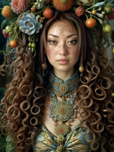 girl in a wreath,bjork,merida,rapunzel,fantasy portrait,wreath of flowers,girl in flowers,inner mongolian beauty,fairy peacock,the enchantress,russian folk style,flora,faery,elven flower,floral wreath,ivy,dryad,eurasian,faerie,miss circassian