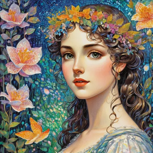 girl in flowers,flora,beautiful girl with flowers,fantasy portrait,girl in the garden,jasmine blossom,flower fairy,faery,rosa 'the fairy,girl in a wreath,faerie,romantic portrait,spring crown,flower painting,vanessa (butterfly),wreath of flowers,emile vernon,mystical portrait of a girl,fae,splendor of flowers,Conceptual Art,Daily,Daily 31