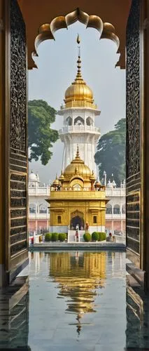 Golden Temple, Sikhism architecture, grandeur, intricate carvings, marble floors, ornate doors, golden domes, symmetrical structure, peaceful atmosphere, morning light, soft shadows, India, Amritsar, 