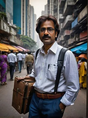 Middle-aged man, architecture designer, Mumbai, India, messy brown hair, black-rimmed glasses, white shirt, dark blue jeans, black leather belt, carrying a large portfolio case, standing, urban citysc