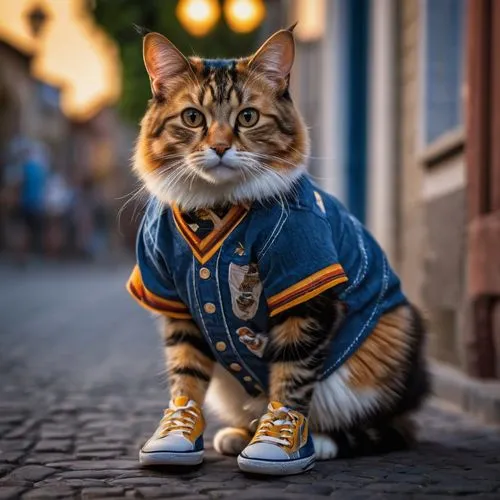 Gato Calico, gato de pie y posando en la calle, vistiendo una camisa a rayas y zapatillas de deporte,street cat,cat european,oktoberfest cats,napoleon cat,puss in boots,cat warrior,alley cat,aegean ca