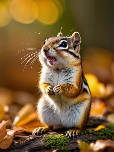 Chipmunk, cute, furry, brown, white stripes, tiny paws, twitching nose, whiskers, green forest, autumn leaves, sunny day, warm light, close-up, 3/4 composition, shallow depth of field, soft focus, nat