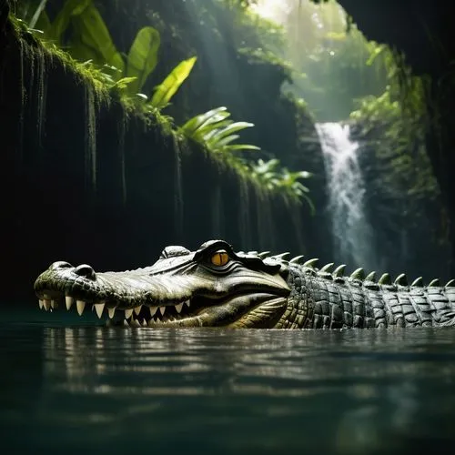 real picture of a Amazon river crocodile swimming underwater detailed vegetation and waterfall in amazon rainforest background,,freshwater crocodile,philippines crocodile,crocodile,alligator sleeping,