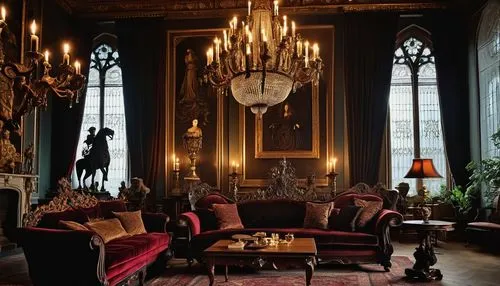 Whimsical gothic interior, luxurious velvet sofa, ornate wooden furniture, intricate carvings, mysterious candelabra, dim warm lighting, grand chandelier, lavish drapery, heavy black curtains, spooky 