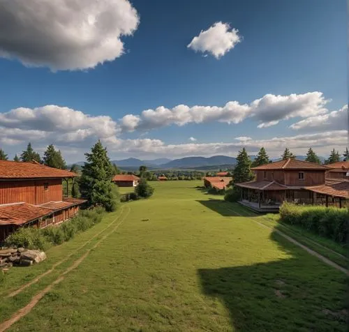 a scenic view of farm buildings and trees,bucovina,bucovina romania,zlatibor,ecovillages,ecovillage,struthof,Photography,General,Realistic