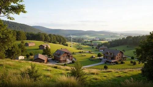 Rustic rural landscape, rolling hills, verdant meadows, traditional farmhouses, wooden fences, windmills, solar panels, green roofs, rainwater harvesting systems, natural stone walls, earthy color pal