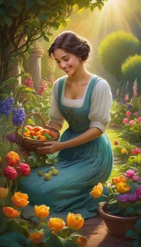 girl picking flowers,girl in the garden,girl in flowers,belle,picking flowers,fantasy picture,splendor of flowers,cinderella,jasmine,rosa 'the fairy,beautiful girl with flowers,flower painting,fairy tale character,jasmine blossom,holding flowers,esmeralda,jasmine flower,the garden marigold,storybook character,a beautiful jasmine,Conceptual Art,Daily,Daily 32
