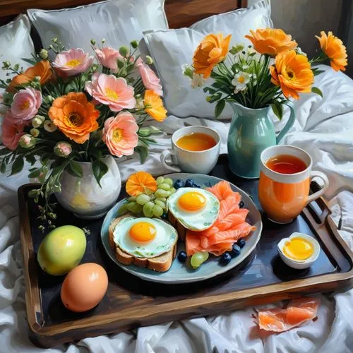 Blooming flowers in a textured oil painting, thick brush strokes, colorful, detailed, art masterpiece, thick textures in a vase on a breakfast tray sitting on a bed, a lovely breakfast of fruit, one e