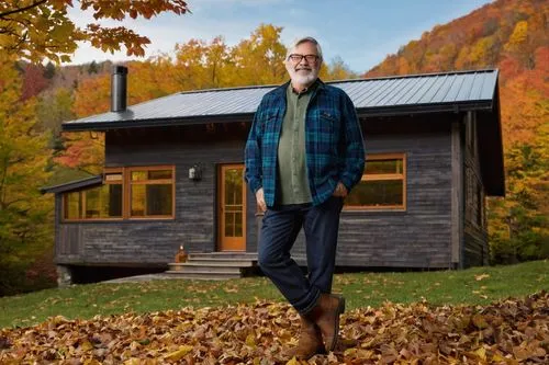 Aron Dean, middle-aged, architect, Vermont, mature, bespectacled, grey hair, beard, casual wear, plaid shirt, dark jeans, brown boots, holding blueprints, standing in front of a modern wooden house, a