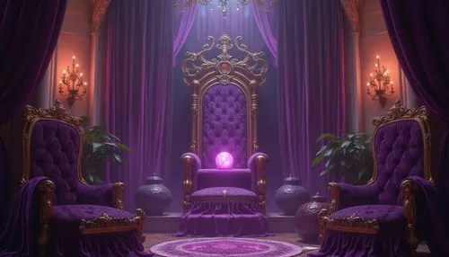 the throne,throne,ornate room,opulently,opulence,opulent,sanctum,antechamber,thrones,beauty room,purple wallpaper,fairy tale castle,art deco background,stage design,bedchamber,gothel,mihrab,candelabra,kingdoms,purple,Photography,General,Realistic