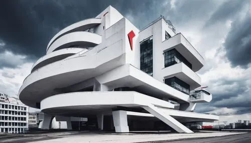 Lissitzky architecture, constructivist style, futuristic building, white concrete, geometric shapes, sharp angles, bold lines, abstract sculpture-like design, urban cityscape, Moscow, cloudy day, dram