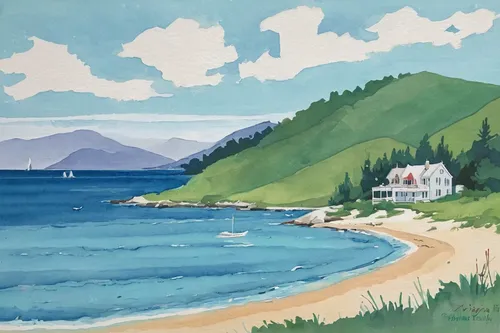 beach landscape,coastal landscape,maine,seaside view,bar harbor,landscape with sea,seaside country,summer cottage,mountain beach,carbis bay,church painting,seaside resort,newfoundland,carcross,an island far away landscape,sea landscape,lake baikal,watercolor blue,beach huts,home landscape,Illustration,Japanese style,Japanese Style 06