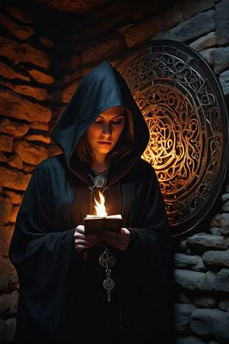 candlemaker,archimandrite,candlemas,the abbot of olib,sorceress,fortune teller,black candle,mage,divination,cloak,praying woman,spell,priest,woman praying,the prophet mary,offering,dodge warlock,magic grimoire,summoner,flickering flame,Illustration,Realistic Fantasy,Realistic Fantasy 45