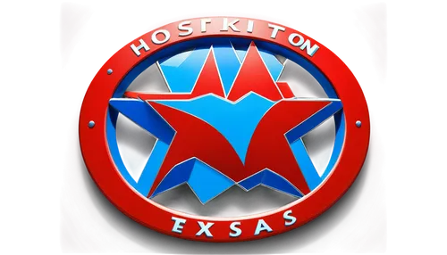 Houston Texas logo, blue and red colors, star symbol, bold font, circular shape, metallic texture, glossy finish, 3D effect, low angle shot, dramatic lighting, vibrant color tone, symmetrical composit