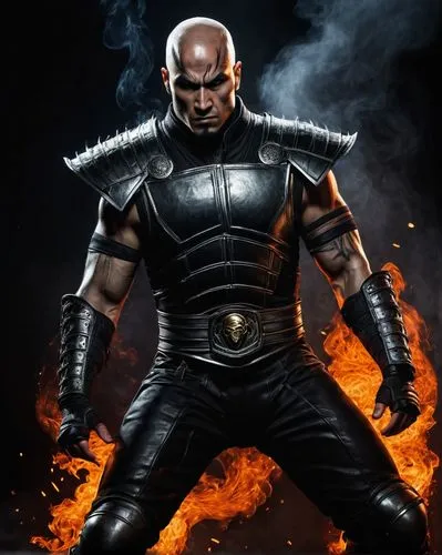 Mortal Kombat character, male, muscular, tattooed arms, bald head, scar above left eyebrow, intense gaze, black leather armor, silver shoulder pads, torn pants, heavy boots, standing, dramatic pose, d