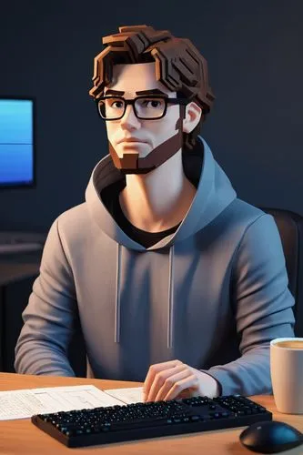 Modern laptop, software developer, solo, (30yo), glasses, messy brown hair, casual wear, hoodie, jeans, sneakers, sitting, ergonomic chair, desk, multiple monitors, keyboard, mouse, coffee cup, notes,