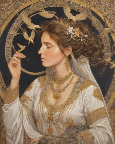 frigga,golden wreath,mucha,hypatia,theodora,perugini